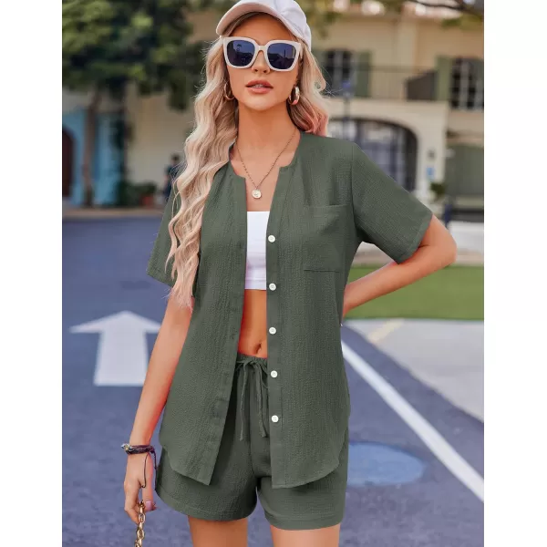 Ekouaer 2 Piece Set for Women Short Sleeve V Neck Vacation Outfits 2024 Casual Loungewear with Pockets for Summer SXXLArmy Green