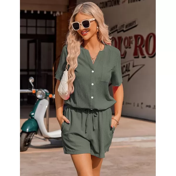 Ekouaer 2 Piece Set for Women Short Sleeve V Neck Vacation Outfits 2024 Casual Loungewear with Pockets for Summer SXXLArmy Green