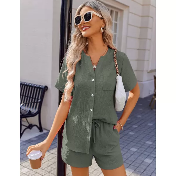 Ekouaer 2 Piece Set for Women Short Sleeve V Neck Vacation Outfits 2024 Casual Loungewear with Pockets for Summer SXXLArmy Green