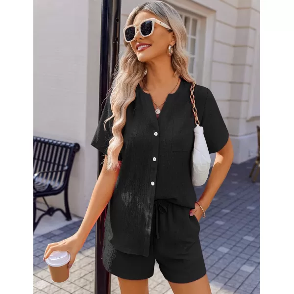 Ekouaer 2 Piece Set for Women Short Sleeve V Neck Vacation Outfits 2024 Casual Loungewear with Pockets for Summer SXXLBlack