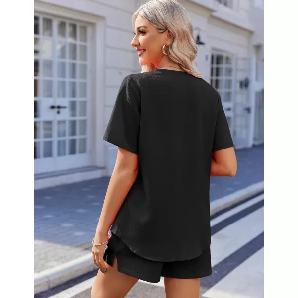 Ekouaer 2 Piece Set for Women Short Sleeve V Neck Vacation Outfits 2024 Casual Loungewear with Pockets for Summer SXXLBlack