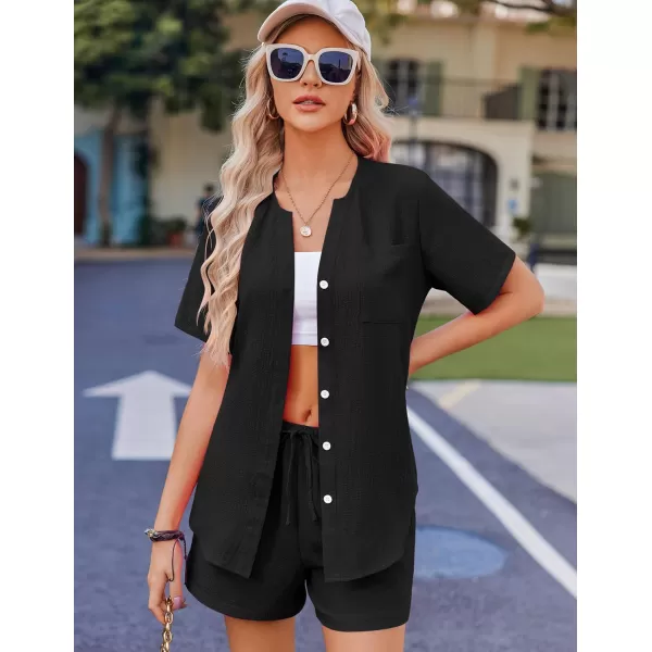 Ekouaer 2 Piece Set for Women Short Sleeve V Neck Vacation Outfits 2024 Casual Loungewear with Pockets for Summer SXXLBlack
