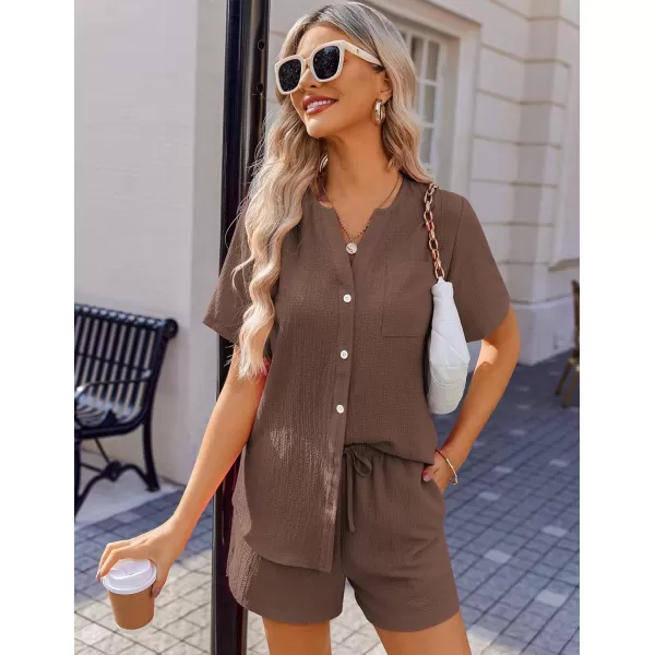 Ekouaer 2 Piece Set for Women Short Sleeve V Neck Vacation Outfits 2024 Casual Loungewear with Pockets for Summer SXXLBrown