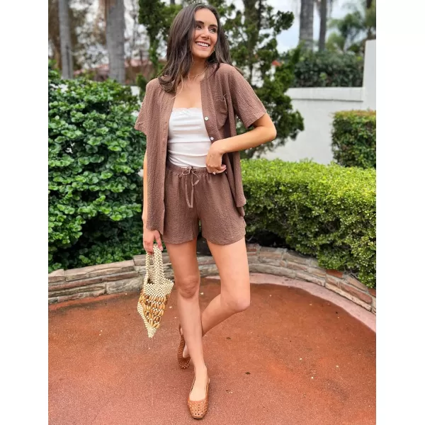 Ekouaer 2 Piece Set for Women Short Sleeve V Neck Vacation Outfits 2024 Casual Loungewear with Pockets for Summer SXXLBrown