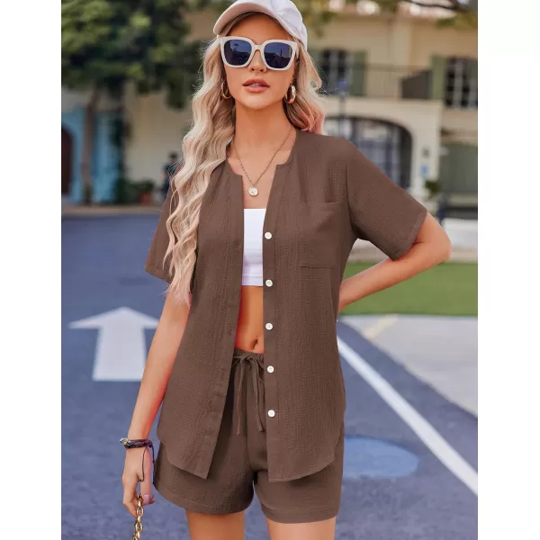 Ekouaer 2 Piece Set for Women Short Sleeve V Neck Vacation Outfits 2024 Casual Loungewear with Pockets for Summer SXXLBrown