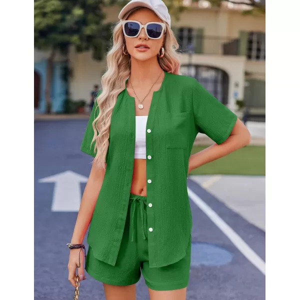 Ekouaer 2 Piece Set for Women Short Sleeve V Neck Vacation Outfits 2024 Casual Loungewear with Pockets for Summer SXXLGreen