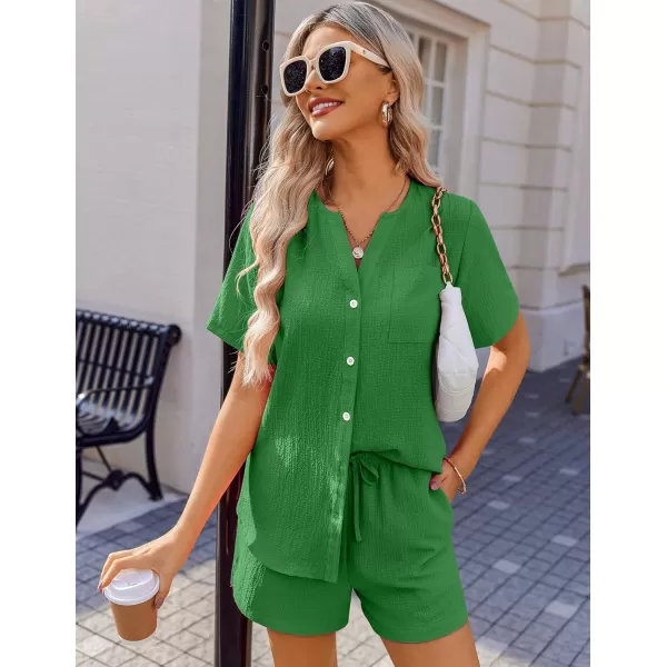 Ekouaer 2 Piece Set for Women Short Sleeve V Neck Vacation Outfits 2024 Casual Loungewear with Pockets for Summer SXXLGreen