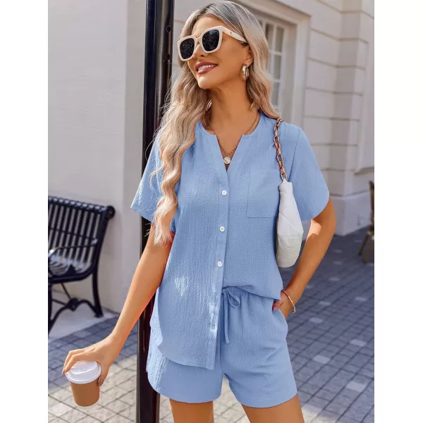 Ekouaer 2 Piece Set for Women Short Sleeve V Neck Vacation Outfits 2024 Casual Loungewear with Pockets for Summer SXXLLight Blue