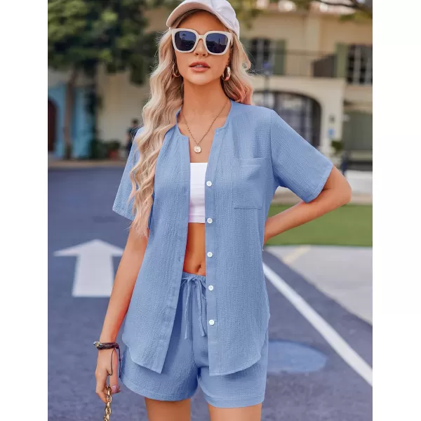 Ekouaer 2 Piece Set for Women Short Sleeve V Neck Vacation Outfits 2024 Casual Loungewear with Pockets for Summer SXXLLight Blue