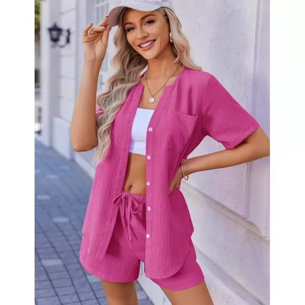 Ekouaer 2 Piece Set for Women Short Sleeve V Neck Vacation Outfits 2024 Casual Loungewear with Pockets for Summer SXXLRose Red