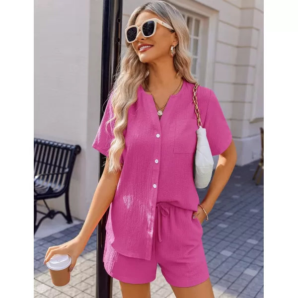 Ekouaer 2 Piece Set for Women Short Sleeve V Neck Vacation Outfits 2024 Casual Loungewear with Pockets for Summer SXXLRose Red