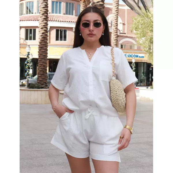 Ekouaer 2 Piece Set for Women Short Sleeve V Neck Vacation Outfits 2024 Casual Loungewear with Pockets for Summer SXXLWhite