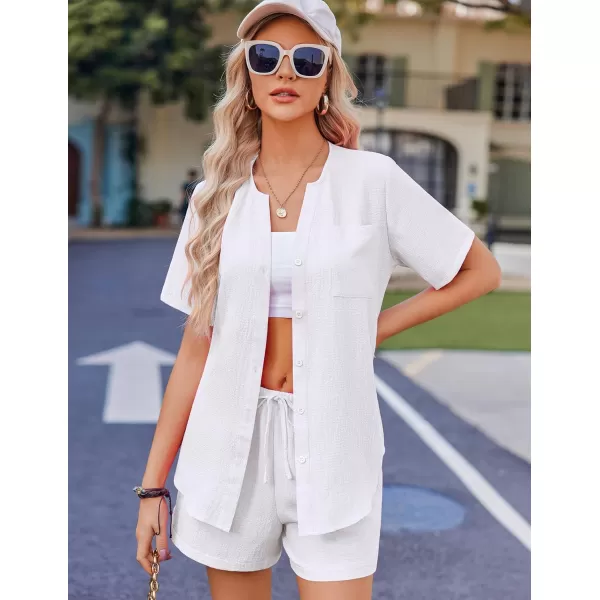 Ekouaer 2 Piece Set for Women Short Sleeve V Neck Vacation Outfits 2024 Casual Loungewear with Pockets for Summer SXXLWhite