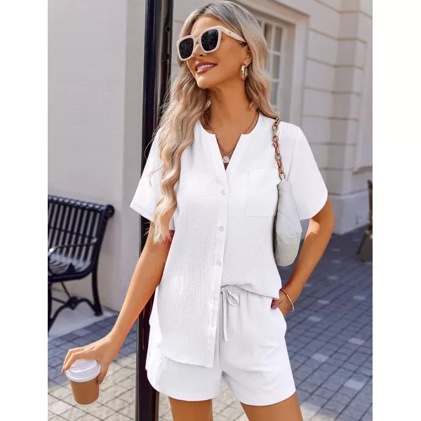 Ekouaer 2 Piece Set for Women Short Sleeve V Neck Vacation Outfits 2024 Casual Loungewear with Pockets for Summer SXXLWhite