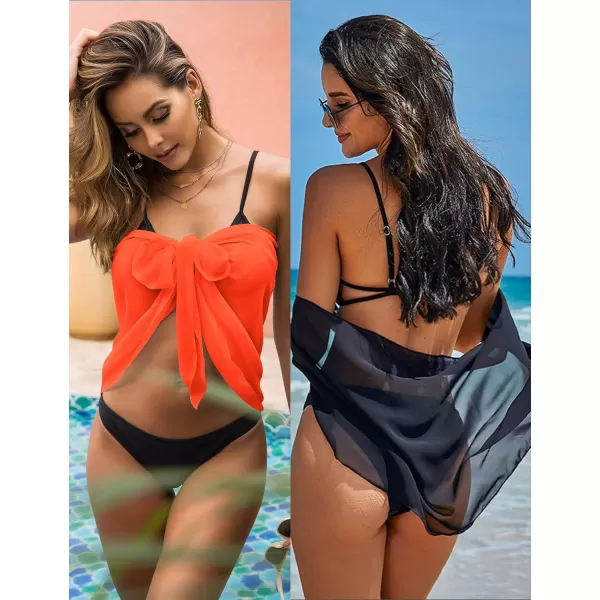 Ekouaer 2 Pieces Women Beach Sarongs Sheer Cover Ups Chiffon Bikini Wrap Skirt for Swimwear SXXLBlack02 Fluorescent Orange