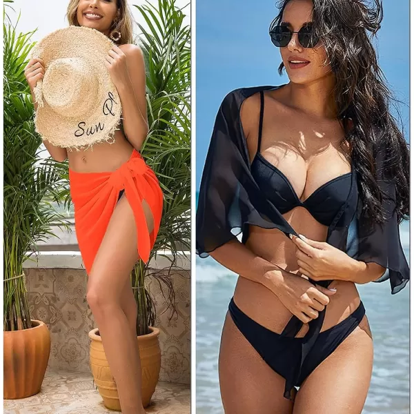 Ekouaer 2 Pieces Women Beach Sarongs Sheer Cover Ups Chiffon Bikini Wrap Skirt for Swimwear SXXLBlack02 Fluorescent Orange