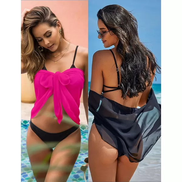 Ekouaer 2 Pieces Women Beach Sarongs Sheer Cover Ups Chiffon Bikini Wrap Skirt for Swimwear SXXLBlackfluorescent Rose Red