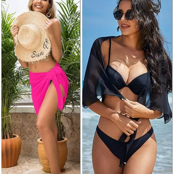 Ekouaer 2 Pieces Women Beach Sarongs Sheer Cover Ups Chiffon Bikini Wrap Skirt for Swimwear SXXLBlackfluorescent Rose Red