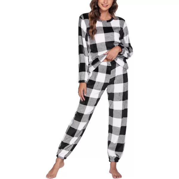 Ekouaer 2023 Women Fleece Pajama Sets Long Sleeve Tops and Pants PJ Sets Joggers Plush Loungewear Sleepwear S3XL1black Plaid