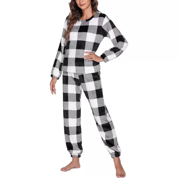 Ekouaer 2023 Women Fleece Pajama Sets Long Sleeve Tops and Pants PJ Sets Joggers Plush Loungewear Sleepwear S3XL1black Plaid