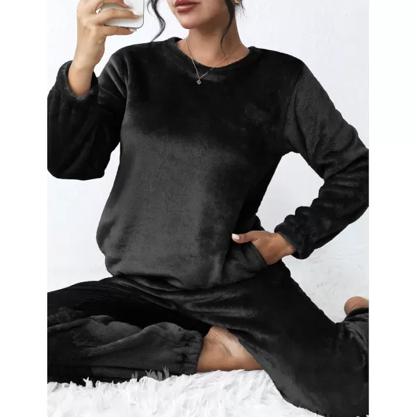 Ekouaer 2023 Women Fleece Pajama Sets Long Sleeve Tops and Pants PJ Sets Joggers Plush Loungewear Sleepwear S3XLBlack