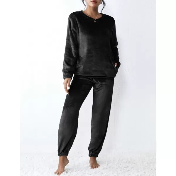 Ekouaer 2023 Women Fleece Pajama Sets Long Sleeve Tops and Pants PJ Sets Joggers Plush Loungewear Sleepwear S3XLBlack