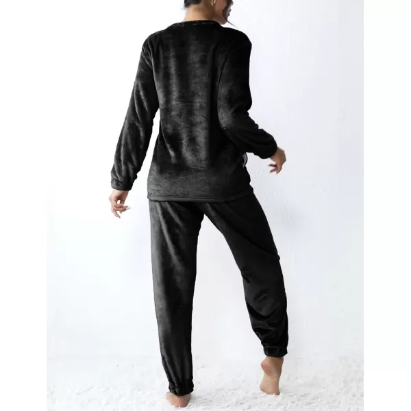 Ekouaer 2023 Women Fleece Pajama Sets Long Sleeve Tops and Pants PJ Sets Joggers Plush Loungewear Sleepwear S3XLBlack