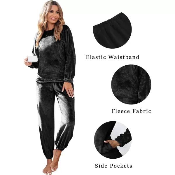 Ekouaer 2023 Women Fleece Pajama Sets Long Sleeve Tops and Pants PJ Sets Joggers Plush Loungewear Sleepwear S3XLBlack