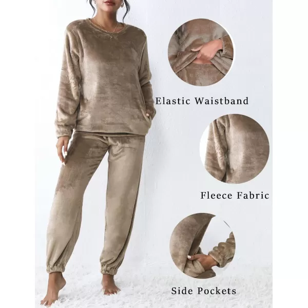 Ekouaer 2023 Women Fleece Pajama Sets Long Sleeve Tops and Pants PJ Sets Joggers Plush Loungewear Sleepwear S3XLBrown