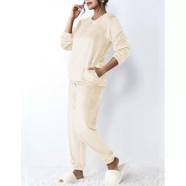 Ekouaer 2023 Women Fleece Pajama Sets Long Sleeve Tops and Pants PJ Sets Joggers Plush Loungewear Sleepwear S3XLCamel