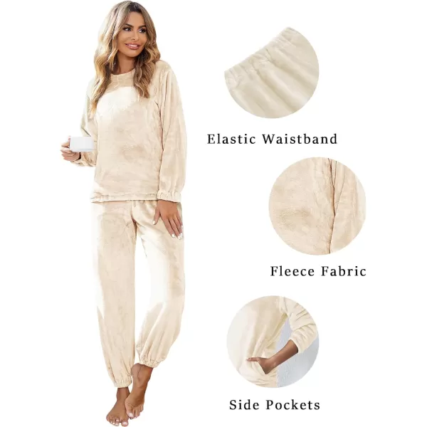 Ekouaer 2023 Women Fleece Pajama Sets Long Sleeve Tops and Pants PJ Sets Joggers Plush Loungewear Sleepwear S3XLCamel