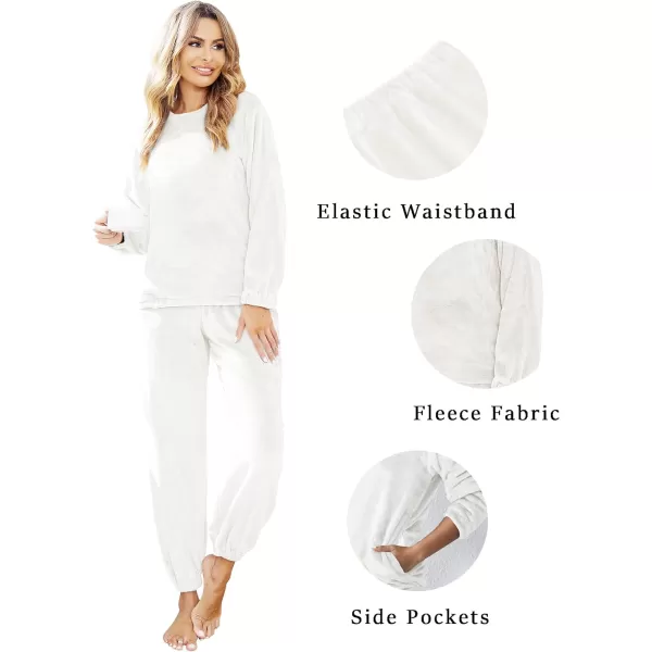 Ekouaer 2023 Women Fleece Pajama Sets Long Sleeve Tops and Pants PJ Sets Joggers Plush Loungewear Sleepwear S3XLWhite