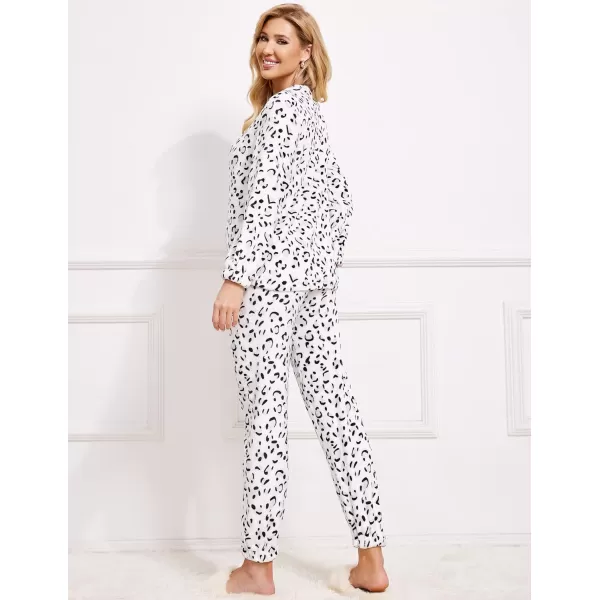 Ekouaer 2023 Women Fleece Pajama Sets Long Sleeve Tops and Pants PJ Sets Joggers Plush Loungewear Sleepwear S3XLWhite Leopard Print