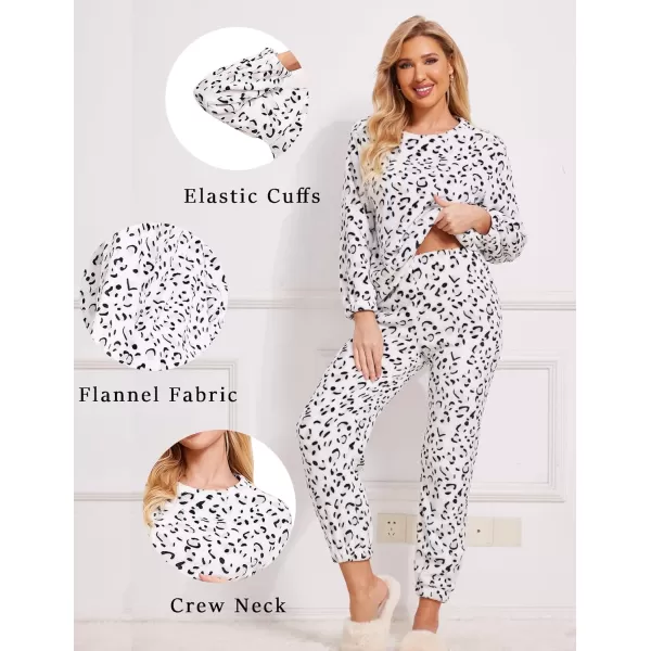 Ekouaer 2023 Women Fleece Pajama Sets Long Sleeve Tops and Pants PJ Sets Joggers Plush Loungewear Sleepwear S3XLWhite Leopard Print