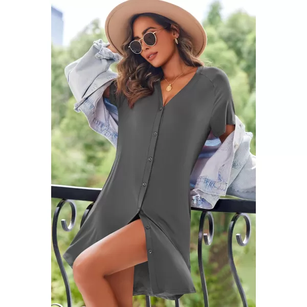 Ekouaer 3 Pack Womens Nightshirt Button Down Nightgown Short Sleeve Sleepshirt V Neck Pajama Dress with PocketsBlackdark Greynavy Blue