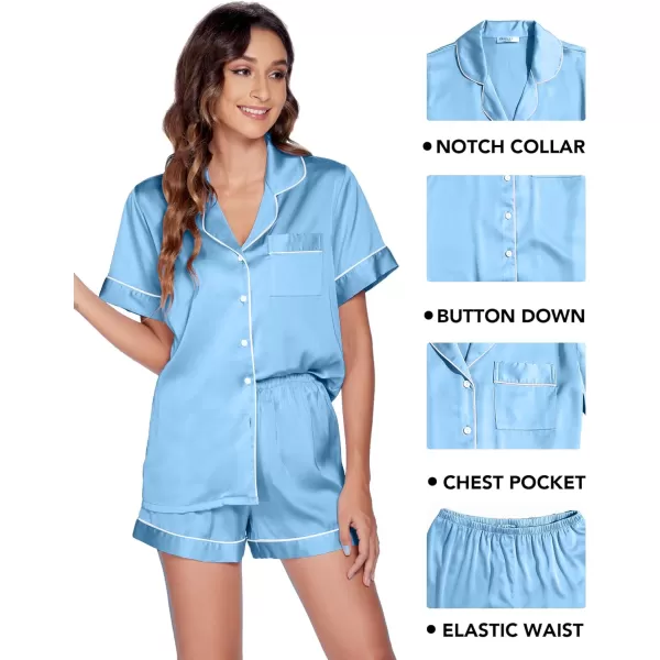 Ekouaer 3 Pcs Silk Pajama Set for Women Satin Short Sleeve Sleep Shirt and Long Pants with Shorts SXXLBaby Blue