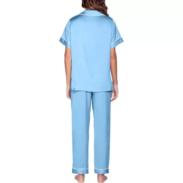 Ekouaer 3 Pcs Silk Pajama Set for Women Satin Short Sleeve Sleep Shirt and Long Pants with Shorts SXXLBaby Blue