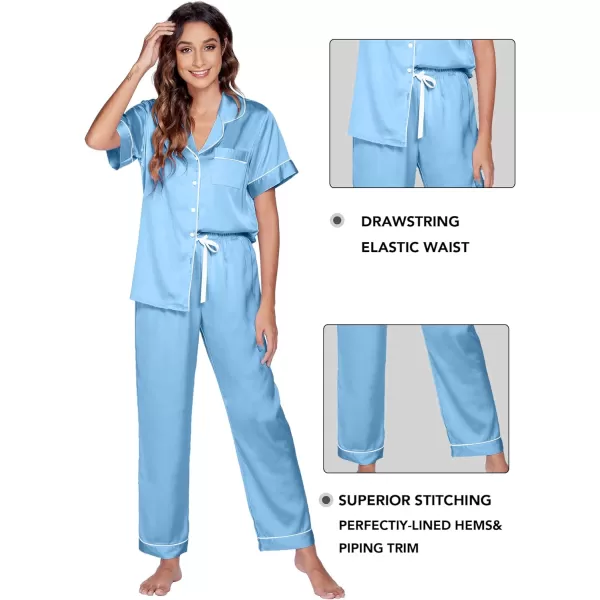 Ekouaer 3 Pcs Silk Pajama Set for Women Satin Short Sleeve Sleep Shirt and Long Pants with Shorts SXXLBaby Blue