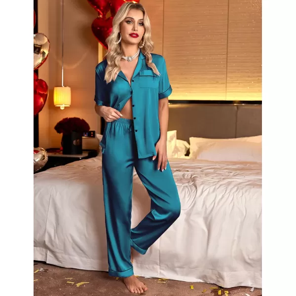 Ekouaer 3 Pcs Silk Pajama Set for Women Satin Short Sleeve Sleep Shirt and Long Pants with Shorts SXXLGreen