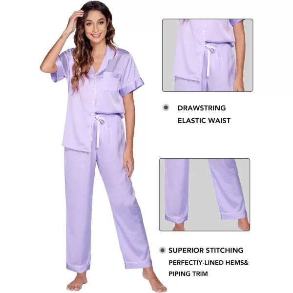 Ekouaer 3 Pcs Silk Pajama Set for Women Satin Short Sleeve Sleep Shirt and Long Pants with Shorts SXXLLilac