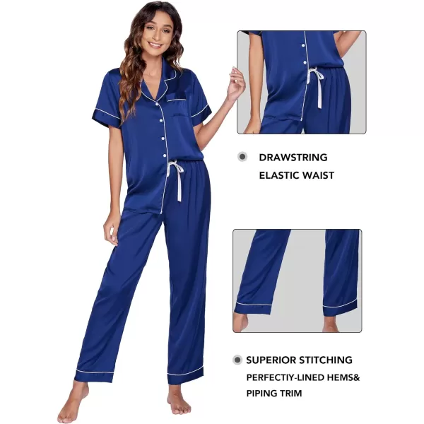 Ekouaer 3 Pcs Silk Pajama Set for Women Satin Short Sleeve Sleep Shirt and Long Pants with Shorts SXXLNavy Blue