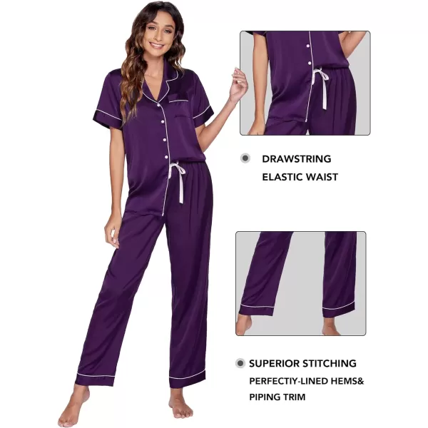 Ekouaer 3 Pcs Silk Pajama Set for Women Satin Short Sleeve Sleep Shirt and Long Pants with Shorts SXXLPurple