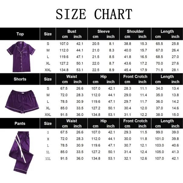 Ekouaer 3 Pcs Silk Pajama Set for Women Satin Short Sleeve Sleep Shirt and Long Pants with Shorts SXXLPurple