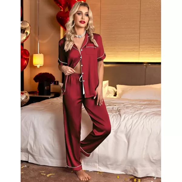 Ekouaer 3 Pcs Silk Pajama Set for Women Satin Short Sleeve Sleep Shirt and Long Pants with Shorts SXXLWine Red