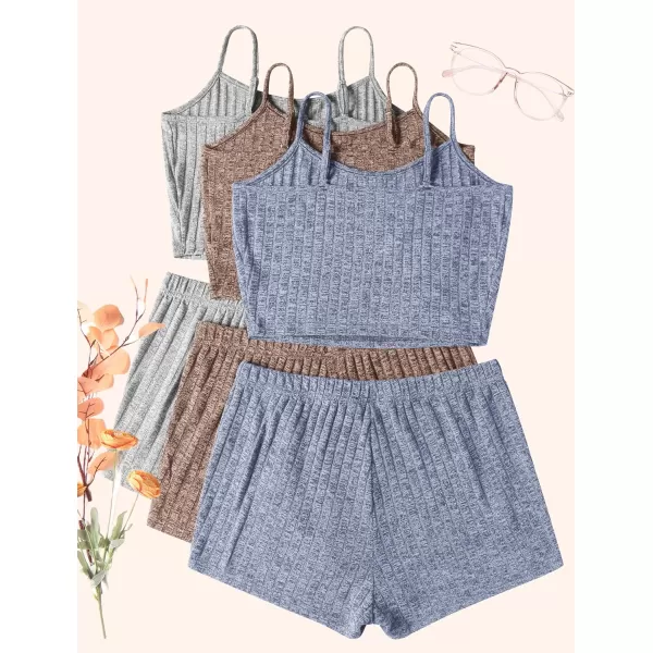 Ekouaer 3 Sets for Women Ribbed Pajamas Crop Cami Top and Shorts Pjs Casual Sleeveless Button Lounge Set Sleepwear SXLBlue Khaki Grey2