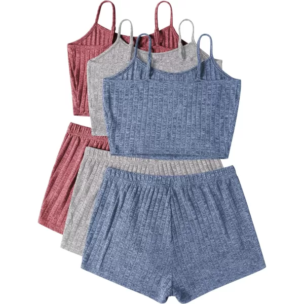 Ekouaer 3 Sets for Women Ribbed Pajamas Crop Cami Top and Shorts Pjs Casual Sleeveless Button Lounge Set Sleepwear SXLBlue Red Light Grey