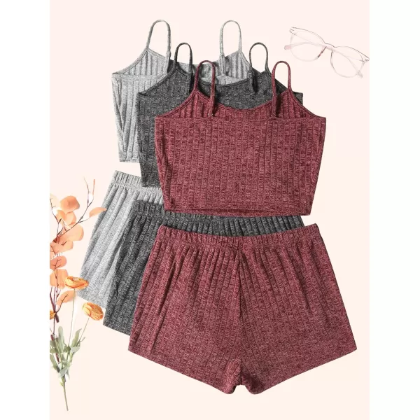 Ekouaer 3 Sets for Women Ribbed Pajamas Crop Cami Top and Shorts Pjs Casual Sleeveless Button Lounge Set Sleepwear SXLDark Grey Wine Grey1