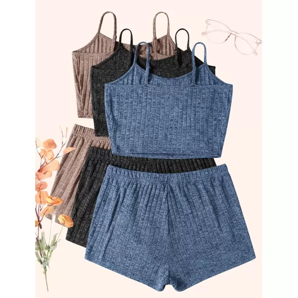 Ekouaer 3 Sets for Women Ribbed Pajamas Crop Cami Top and Shorts Pjs Casual Sleeveless Button Lounge Set Sleepwear SXLKhaki Black Blue3