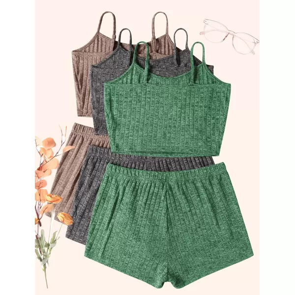 Ekouaer 3 Sets for Women Ribbed Pajamas Crop Cami Top and Shorts Pjs Casual Sleeveless Button Lounge Set Sleepwear SXLKhaki Dark Grey Green5