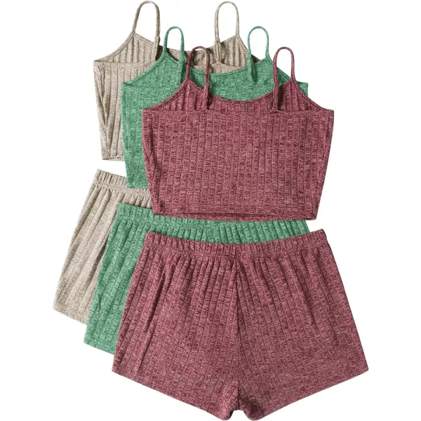 Ekouaer 3 Sets for Women Ribbed Pajamas Crop Cami Top and Shorts Pjs Casual Sleeveless Button Lounge Set Sleepwear SXLKhaki Green Wine8